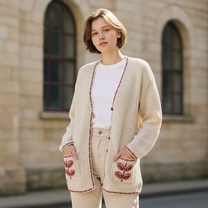Crochet Knit Cardigan Cottagecore Boho Linen Blend Button Up‎ Sweater